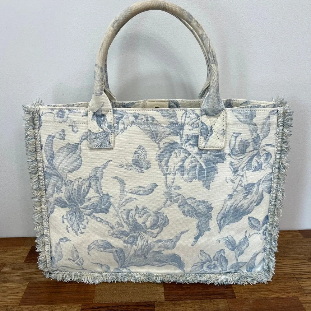 SANDRO Kabash Blue Floral Tote Bag Purse Fringe Hem Large Travel Canvas Designer - Picture 3 of 12